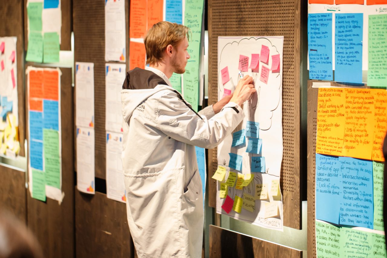 Person putting sticky notes on the wall